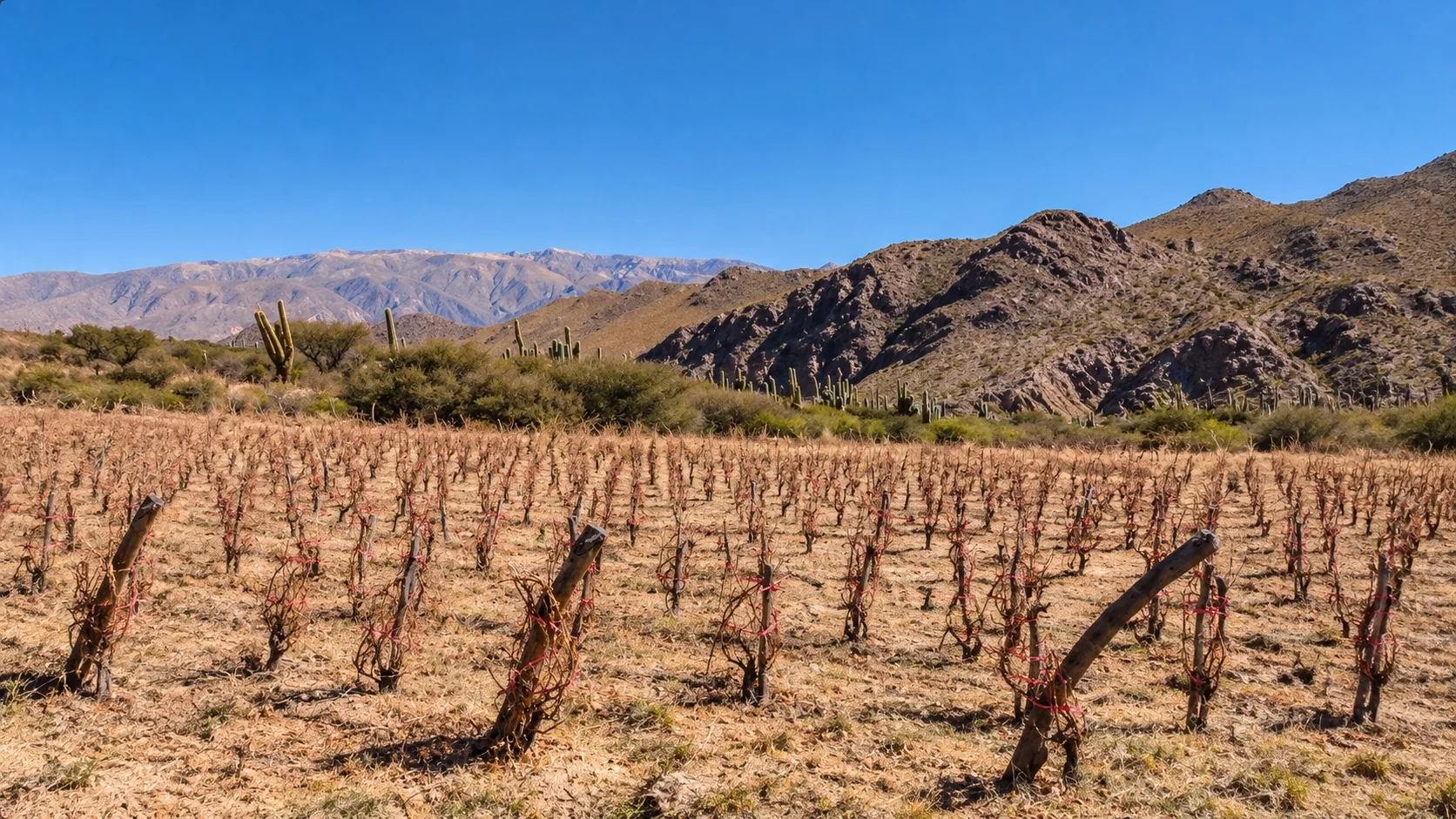 Viñedo de Muskuy entre cardones y cerros, fotografía limpiada y ampliada