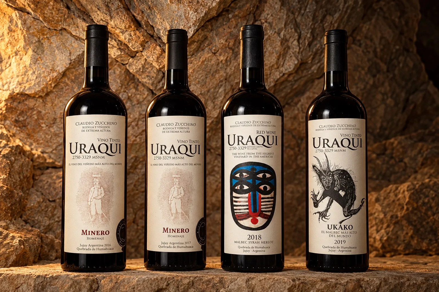 Cuatro botellas de vinos Uraqui alineadas sobre piedra: Minero, Minero Homenaje, cosecha 2018 y Ukako 2019